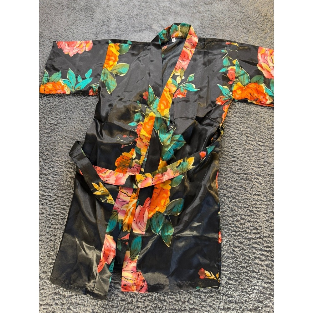 Women's Satin Floral‎ Kimono Robe – Black with Bright Rose Print – Size 6 – Belt